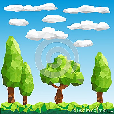 Vector low poly trees on landscape Vector Illustration