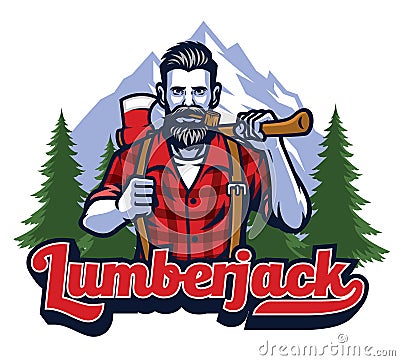 Lumberjack with pipe and holding the big axe Vector Illustration