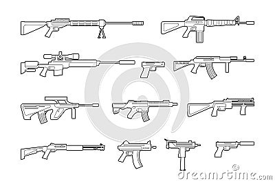 Vector machine guns and pistols line icons set Vector Illustration