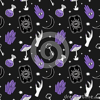 Vector mad pattern on the theme of magic, mysticism, witchcraft, halloween, esoteric. flat style pattern with magic items Vector Illustration