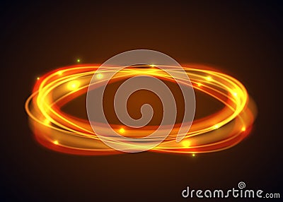 Vector magic gold circle. Glowing fire ring trace on black background. Ellipse line with flying sparkling flash lights. Vector Illustration