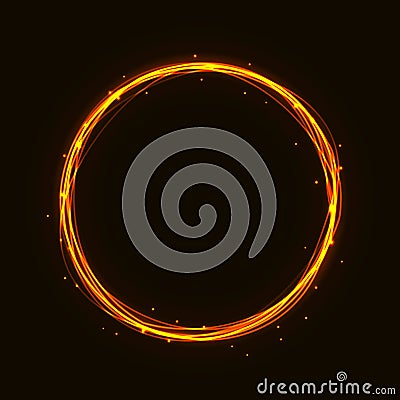 Vector magic hot gold circle. Glowing fire ring trace. Glitter sparkle swirl trail effect on dark b Vector Illustration