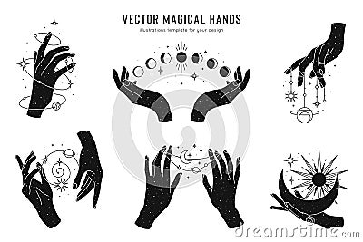 Vector magical hands set of logo template. Linear style, minimal design. Planets, moon phases, sun and stars. Esoteric Vector Illustration