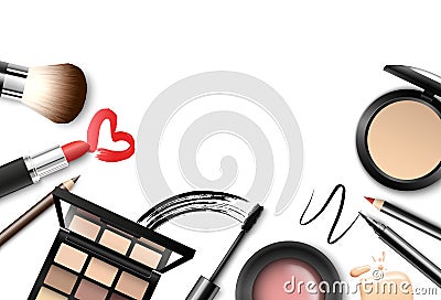 Vector make-up background with space for your text and cosmetic tools on white background from top view Vector Illustration