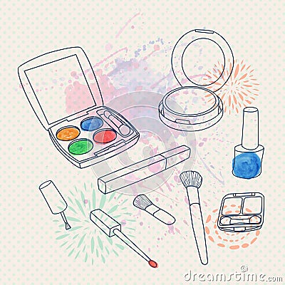 Vector make up set with brushes, eyeshadow palette, face powder, nail polish Vector Illustration