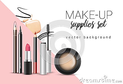 Vector make-up themed poster template with cosmetic supplies and stains and smears with space for your text Vector Illustration