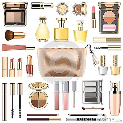 Vector Makeup Cosmetics with Golden Cosmetic Bag Vector Illustration