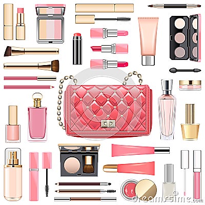 Vector Makeup Cosmetics with Pink Handbag Vector Illustration