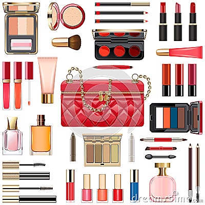 Vector Makeup Cosmetics with Red Handbag Vector Illustration