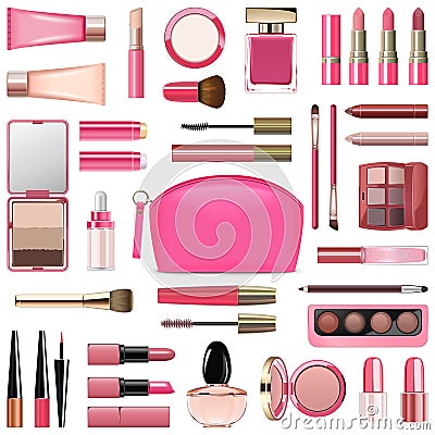 Vector Makeup Cosmetics with Rose Cosmetic Bag Vector Illustration