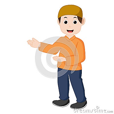 Muslim boy vector is pointing and smile Vector Illustration