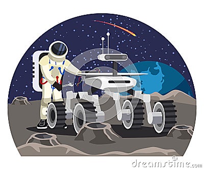 Vector man astronaut repairing moon rover car Vector Illustration
