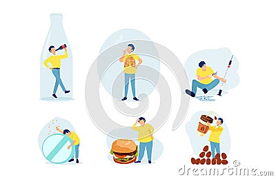 Vector of a man with bad habits alcoholism, drug addiction, smoking, coffeemania, gluttony wand obesity Vector Illustration