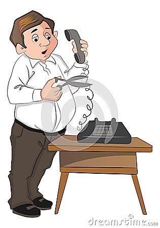 Vector of man cutting telephone cord Vector Illustration