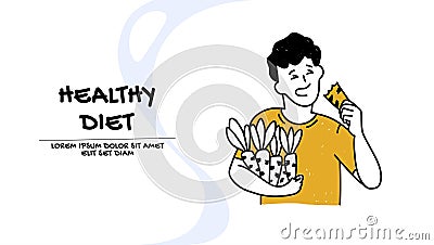 Vector of a man eating healthy snacks, sticks to a healthy diet Stock Photo