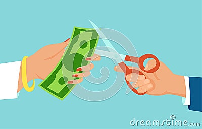 Vector of a man with scissors cutting dollar banknote, income of a woman Vector Illustration