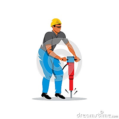 Vector Man with Jackhammer Cartoon Illustration. Vector Illustration