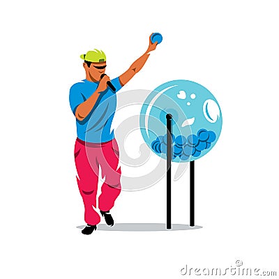 Vector Man and Lottery drum with bingo balls. Cartoon Illustration. Vector Illustration