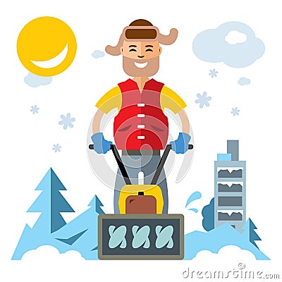 Vector Man with a Snow Blower. Flat style colorful Cartoon illustration. Vector Illustration