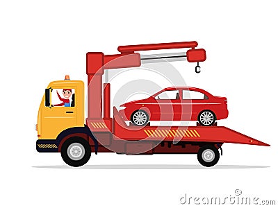 Vector man in tow truck driven emergency vehicle Vector Illustration