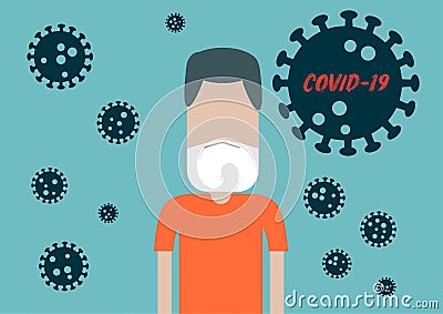 A Man Wearing a Protective Mask to Protect Covid-19 or Corona Virus Outtbreak Vector Illustration