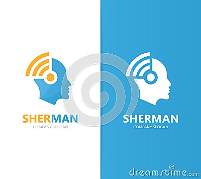 Vector of man and wifi logo combination. Face and signal symbol or icon. Unique human and radio, internet logotype Vector Illustration