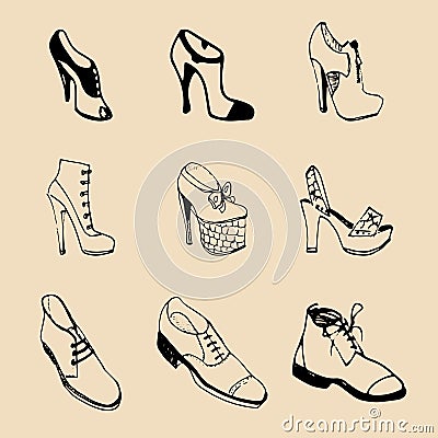 Vector man and woman shoes set. Footwear collection in sketch style. Vector Illustration