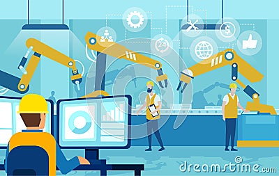 Vector of an engineer controling automation robot arms on a factory line Stock Photo