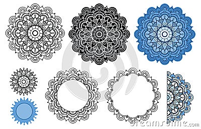 Vector mandala collection in black and blue colors. Zen mandala for your design, greeting card, coloring book. Vector Illustration