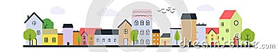 Vector many houses of different colors and trees around eps 10. Vector village with several storey and one storey houses Vector Illustration