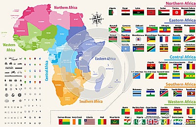 vector map of Africa continent colored by regions. All flags of African countries arranged in alphabetical order Vector Illustration