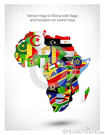 Vector map of Africa with flags and location on world map Vector Illustration