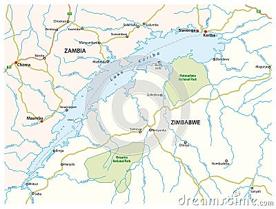 Vector map of african lake kariba, zambia, zimbabwe Vector Illustration
