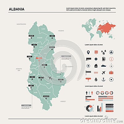 Vector map of Albania . High detailed country map with division, cities and capital Tirana. Political map, world map, Vector Illustration