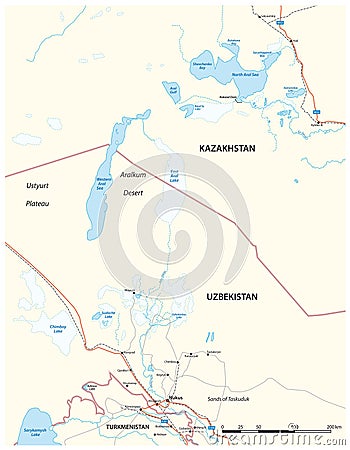 Vector map of the Aral Sea, Kazakhstan, Uzbekistan and Turkmenistan Vector Illustration