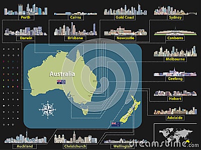 Vector map of Australia and New Zealand with largest city skylines. Vector Illustration