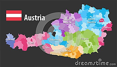 Vector map of Austria states and districts. Flag of austria, Each state have own color palette Vector Illustration