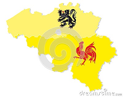 Vector map of Belgium with the three regions Flemish, Wallonia and the capital Brussels in flag shape Vector Illustration
