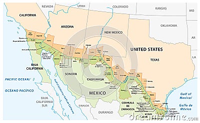 Vector map of the border districts in the United States and Mexico along the border Vector Illustration