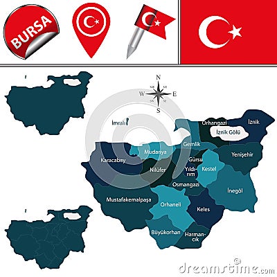 Map of Bursa, Turkey with Districts Vector Illustration