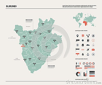 Vector map of Burundi. High detailed country map with division, cities and capital Bujumbura. Political map, world map, Vector Illustration