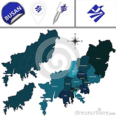 Map of Busan with Districts, South Korea Vector Illustration