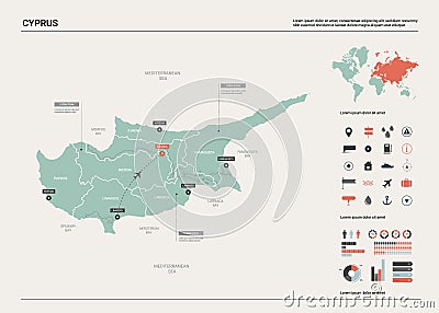 Vector map of Cyprus. High detailed country map with division, cities and capital Nicosia. Political map, world map, infographic Vector Illustration