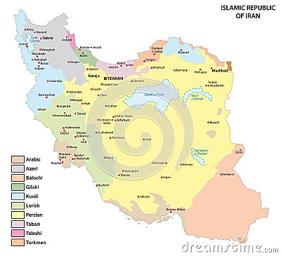 Vector map with the distribution of the main language areas of Iran Vector Illustration