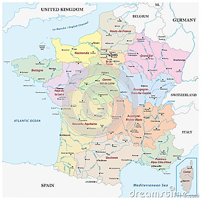 Vector map France with the regions, rivers and the most important cities Vector Illustration