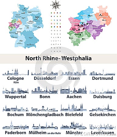 Vector map of Germany with state Norrth Rhine-Westphalia map separately with largest cities skylines icons in tints of blue color Vector Illustration