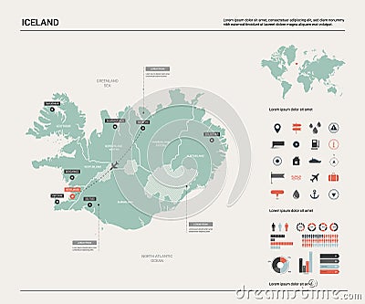 Vector map of Iceland. High detailed country map with division, cities and capital Reykjavik. Political map, world map, Vector Illustration