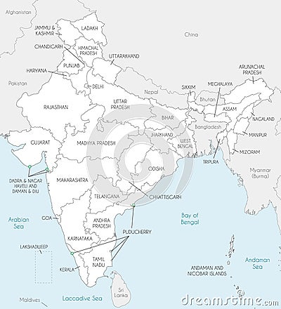 Vector map of India with states and territories and administrative divisions, and neighbouring countries Vector Illustration