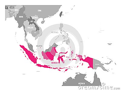 Vector map of Indonesia. Pink highlighted in Southeast Asia region Vector Illustration