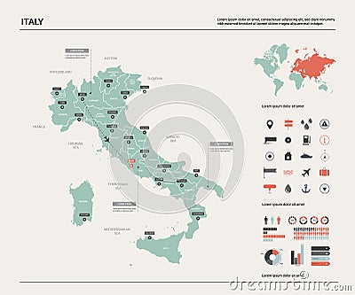 Vector map of Italy. High detailed country map with division, cities and capital Rome. Political map, world map, infographic Vector Illustration